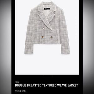 ZARA Double Breasted Textured Weave Jacket - Size Small. Never worn!